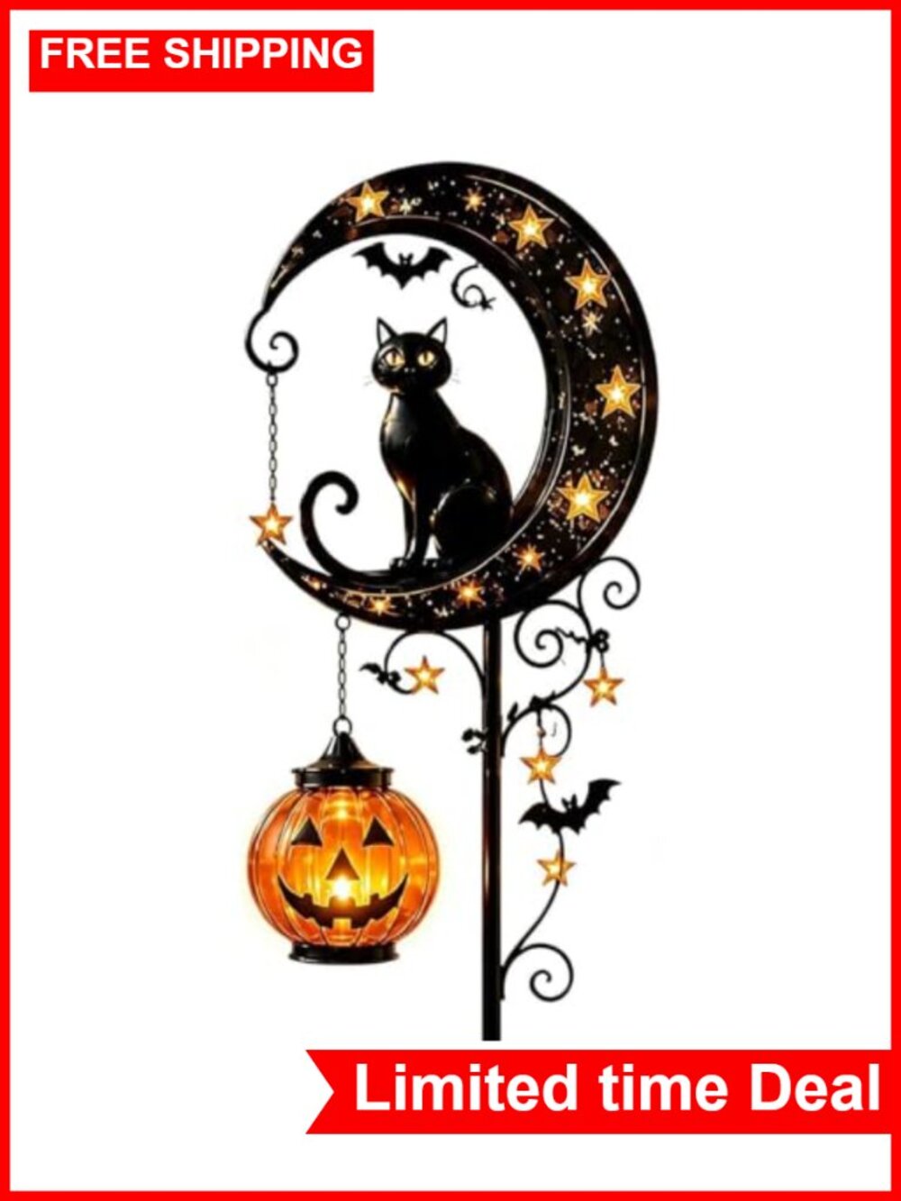 Solar Halloween Black Cat Pumpkin Stake Light Bats Stars Moon Yard Decoration
